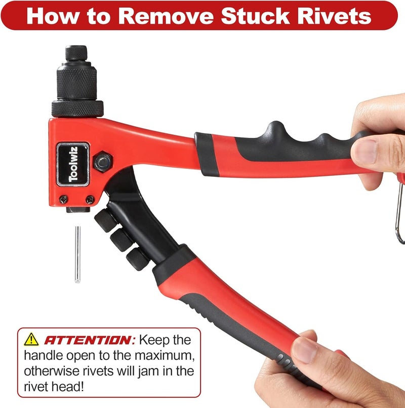 Toolwiz Rivet Gun One-Handed Rivet Gun Kit with 200pcs Rivets, 4pcs Tool-Free Interchangeable Heads and 4pcs Drill Bits - Heavy Duty Hand Riveter for Metal, Wood, Plastic, Leather, Fabric - Image 4